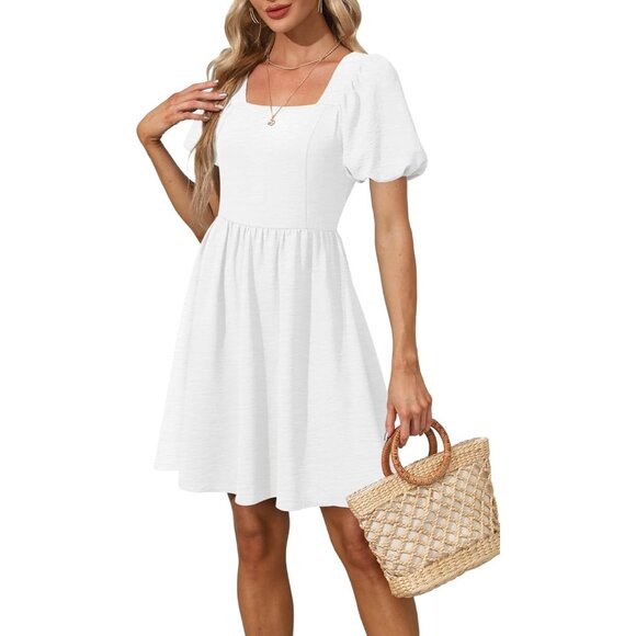 Ofeefan Women White Puff Sleeve Square Neck Tie in Back Dresses with Zipper - Picture 4 of 5